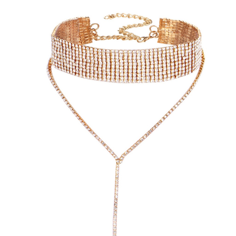 C24 | Dainty Gold Rhinestone Choker Chain Necklace - Picture 1 of 8